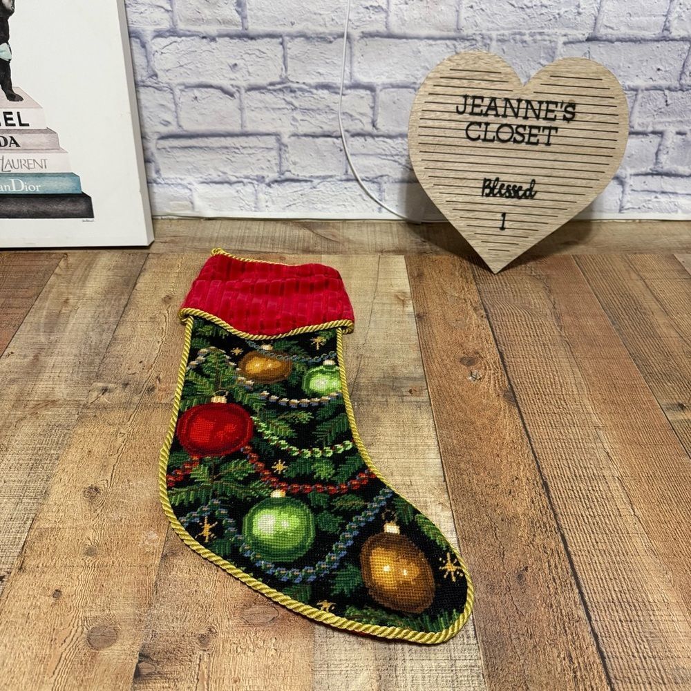 The Dillards Trimmings Red Ornament Tree Christmas Stocking Needlepoint